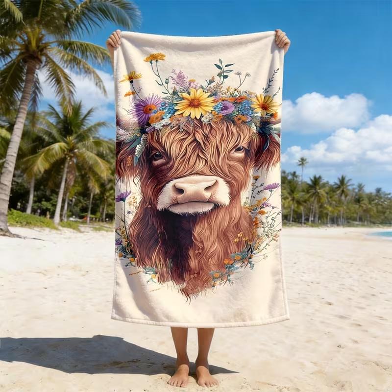 Hallo Frühling Hochlandrind Blumenkranz Strandtuch Sandfreies Handtuch Flauschige Orange Kuh Zaun Holzschild Druckdecke