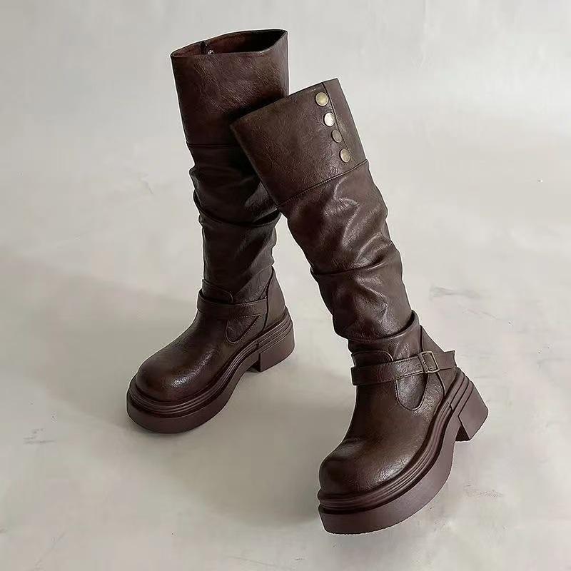 Spring and autumn British style knight boots Maillard wasteland style temperament is thin and tall, stacked and folded