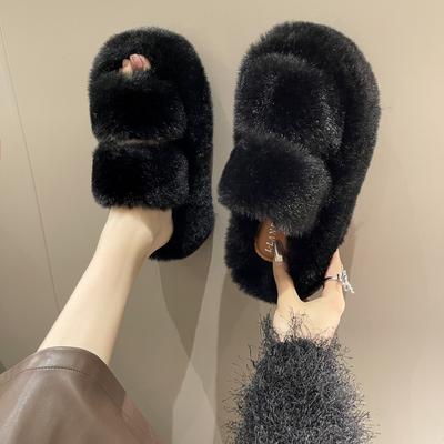 Små tjocksulade fluffiga tofflor för kvinnor att bära utomhus höst och vinter söta högklackar halkfria hem kontor sammet bomull mopp