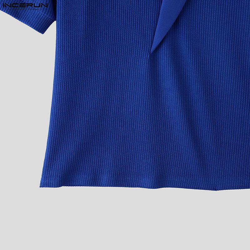 INCERUN Summer Men V Neck Short Sleeve Striped Rib Casual T-shirts Tops