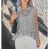 Camicia da Donna a Righe Senza Maniche con Bottoni, Orlo Arricciato e Taschino sul Petto, Top Estivo Casual Multicolore