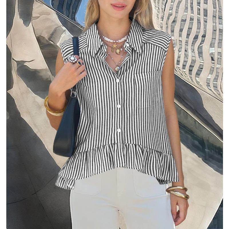 Camicia da Donna a Righe Senza Maniche con Bottoni, Orlo Arricciato e Taschino sul Petto, Top Estivo Casual Multicolore
