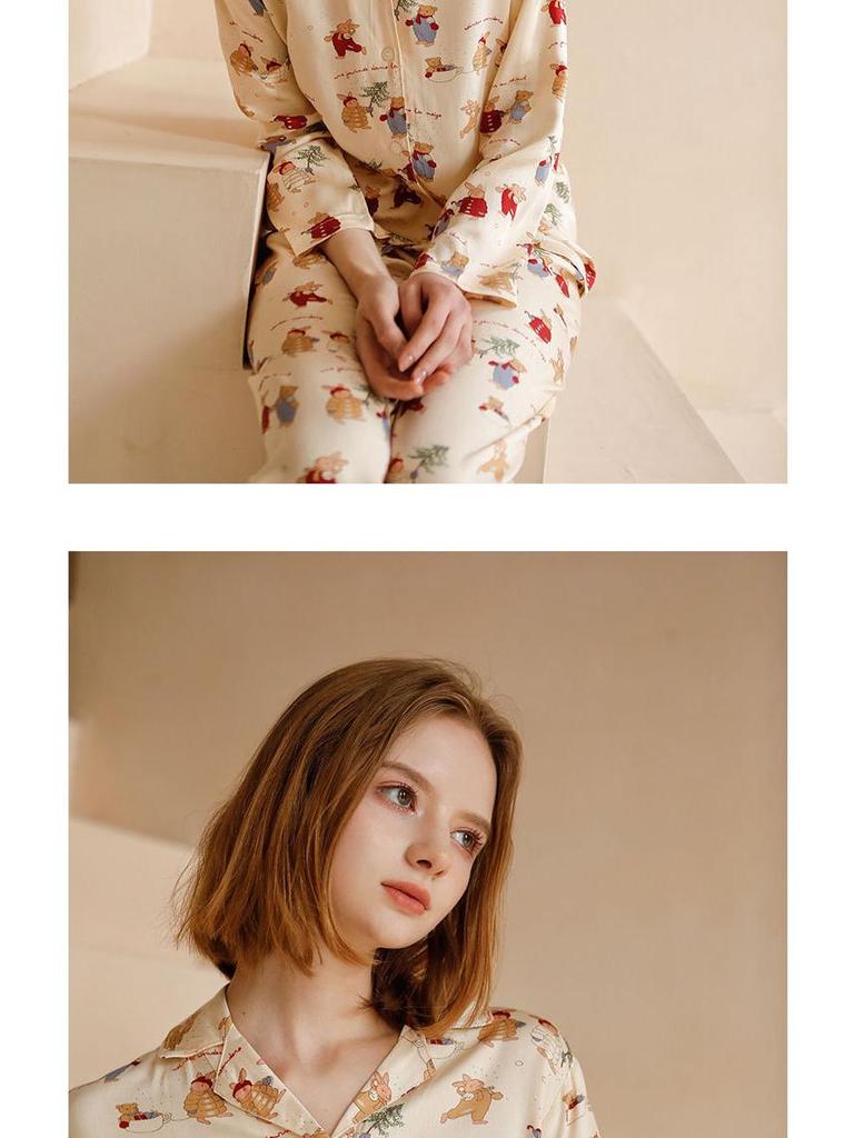 Damen Weihnachts-Satin-Pyjama-Set mit Kaninchen-Print - Kurzarm & Shorts