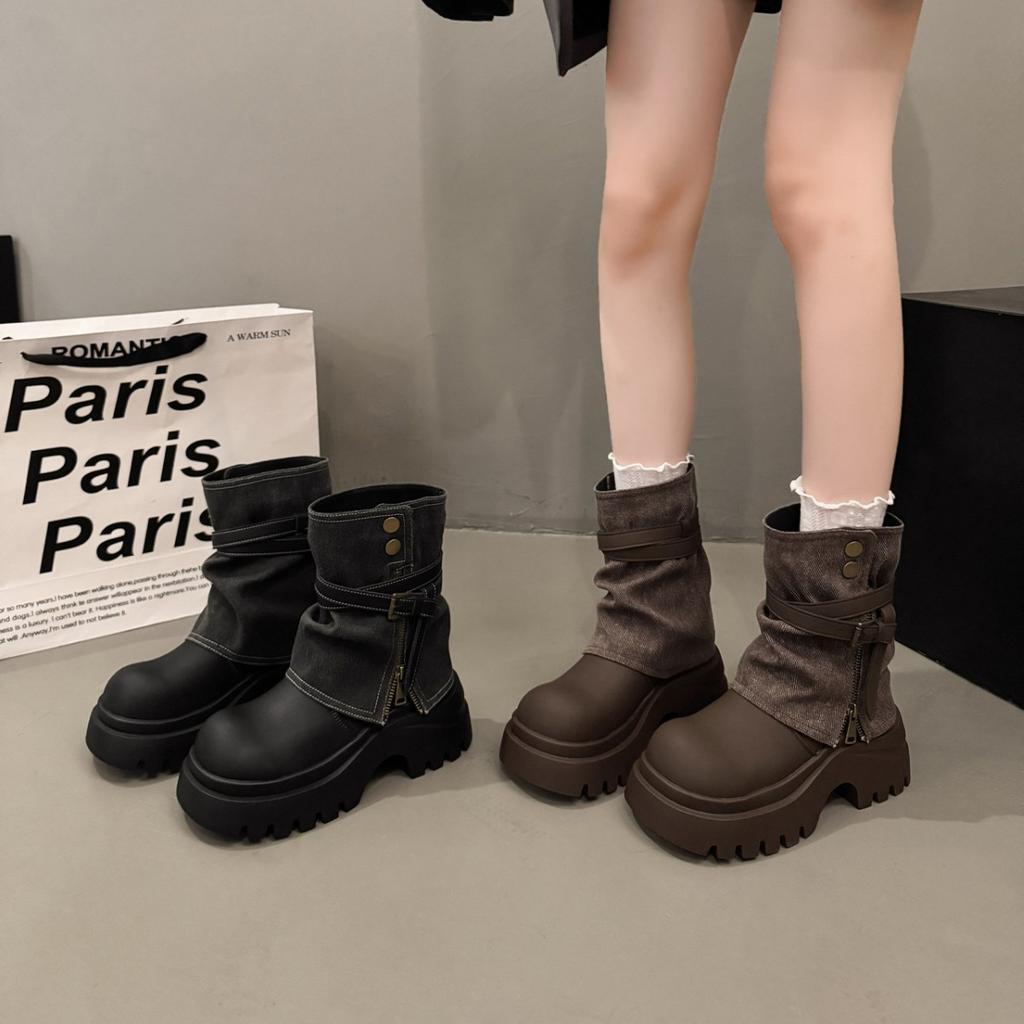 Fashion versatile cowboy boots women's autumn 2025 new thick-soled temperament trouser tube boots heightening small Martin boots