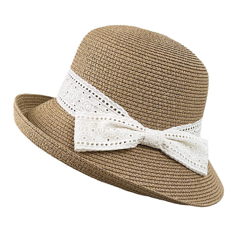French Elegant Lace Bow Curled Edge Straw Hat Women's Spring and Summer Fashion Sunscreen Sun Hat Seaside Vacation Wind