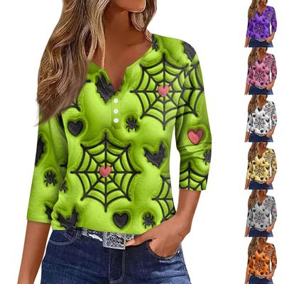 Women's V-Neck Button Halloween Three-quarter Sleeve T-Shirt Top