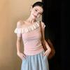 Sweet Wind Lace Splicing Slanted Shoulder Short-sleeved T-shirt Women's Summer Slim-fit Design Sense Niche High-end Off-the-shoulder Top