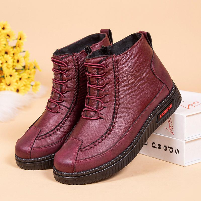 

2026 Winter Fashion Women Ankle Boots Mother s Boots Flat-Bottom Comfortable Non Slip Front Zipper Female Warm Fur Casual Boots 35 красный