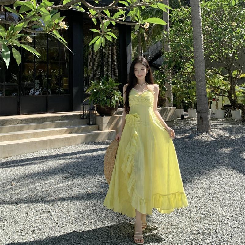 Yellow Three-dimensional Flower Lotus Leaf Edge Neck Skirt Women's Summer Seaside Vacation Fried Street Unique Beautiful Dress