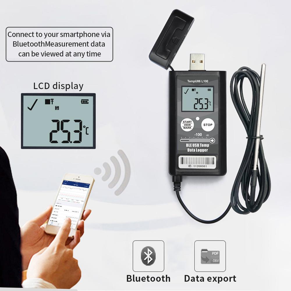 Bluetooth USB Temperature Data Logger with External Temperature Probe Cryogenic Data Recorder PDF CSV Report for Cold Chain