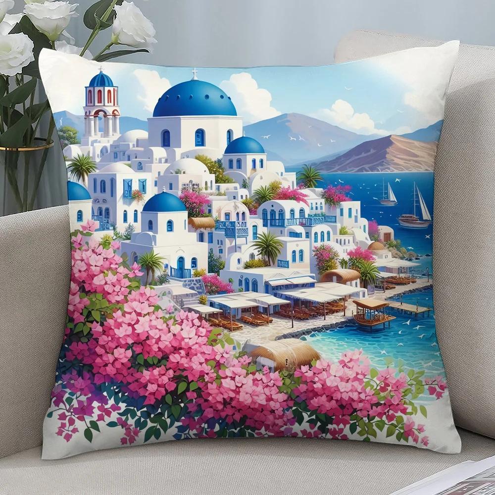 

Santorini Landscape Pillow Case Short Plush Pillow Covers Sofa Decorative Gift Home Double-sided Printing Cushion Cover 16x16Inch