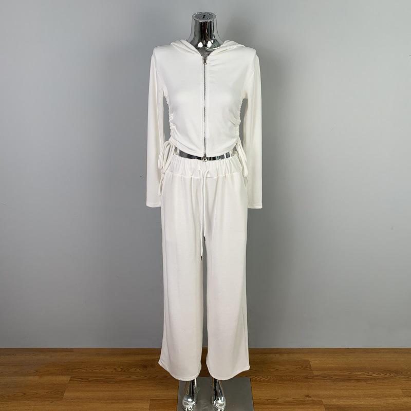 

Korean Dongdaemun Sexy Hooded Jacket & Side Waist Lace-up Pants Set for Women One Size белый