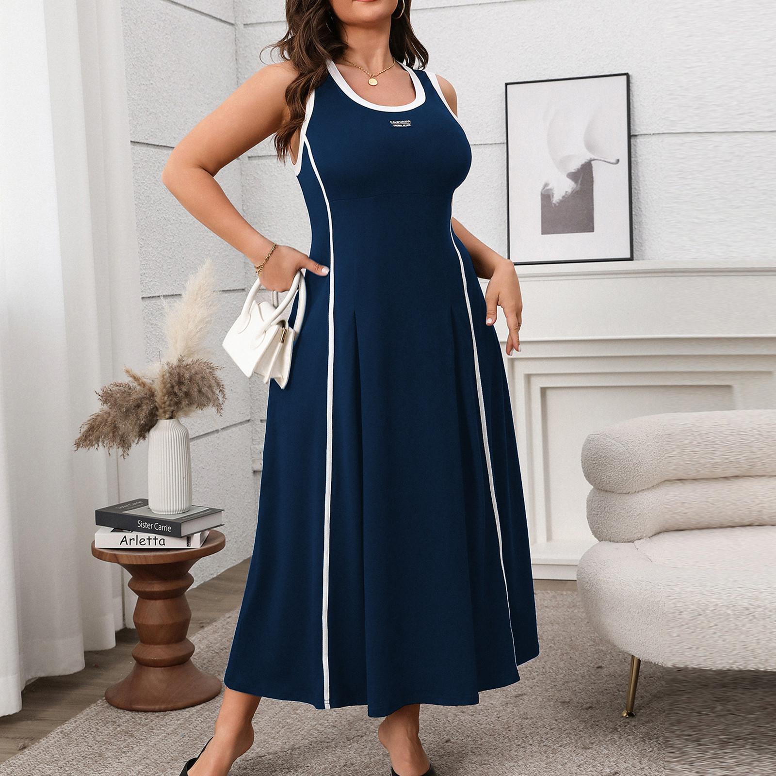 

Женские модные повседневные свободные платья большого размера с цветными блоками и круглым вырезом на талии XXXXL темно-синий