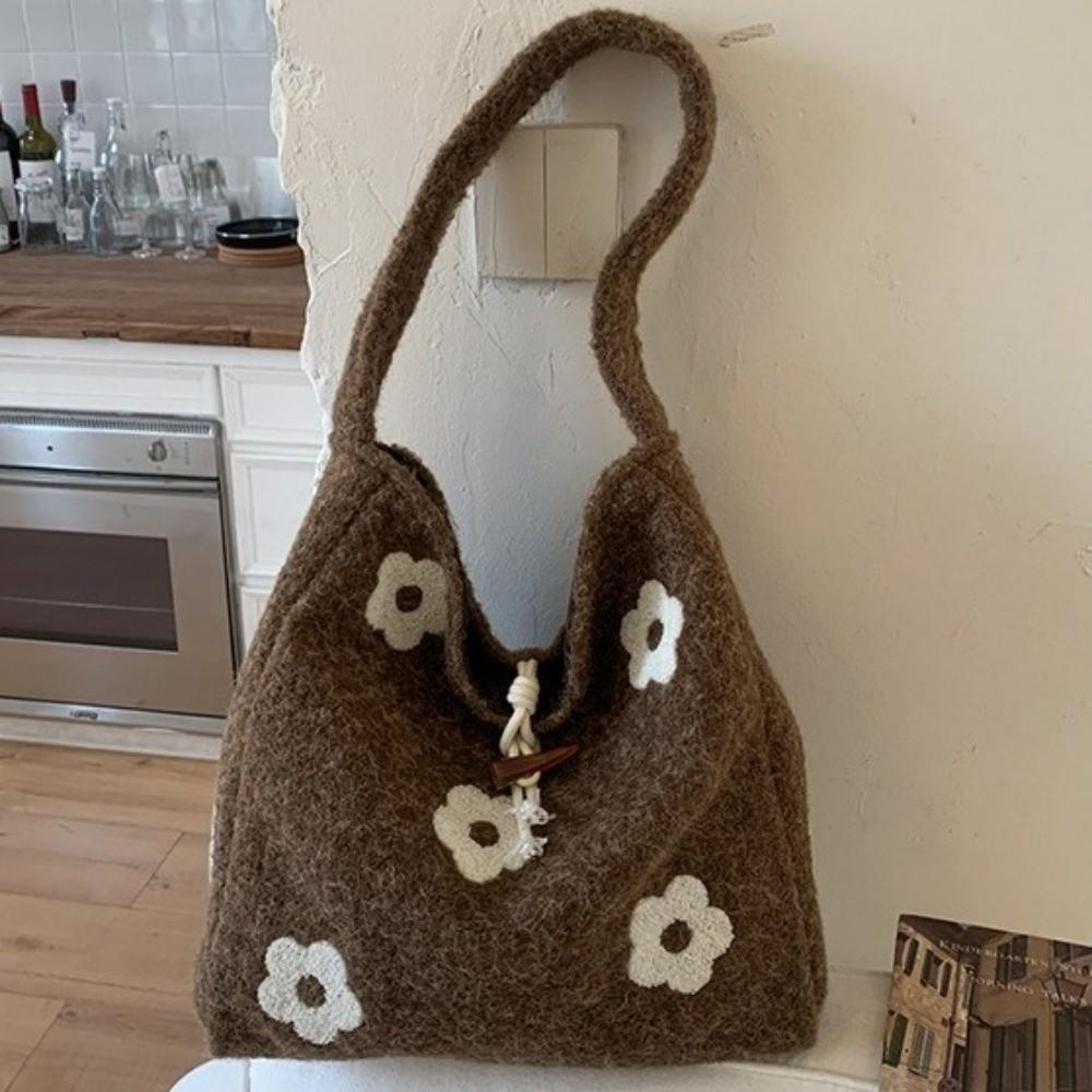 Large Capacity Plush Tote Bag Soft Polyester Lining Floral Handle Bag Underarm Bag  Ladies Purse