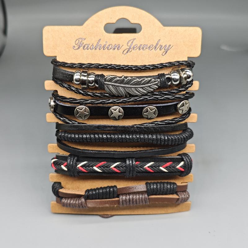 Adjustable Drawstring Feather & Leaf Charm Leather Bracelet Set – Vintage Alloy Star, Woven 5-Piece Collection