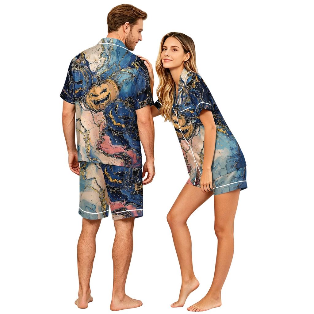 Couples Halloween Pajama Set Short Sleeve Button Down Shirt and Shorts Pajamas Soft Casual Sleepwear S To XXXXL Matching Loungewear