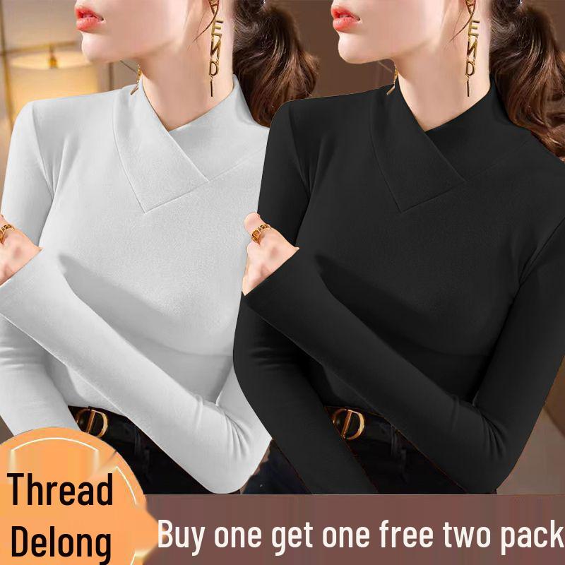 Double-sided Threaded Semi-high Neck Slim-fit Warm Base Layer Top for Women - Autumn/Winter Long-sleeve T-shirt