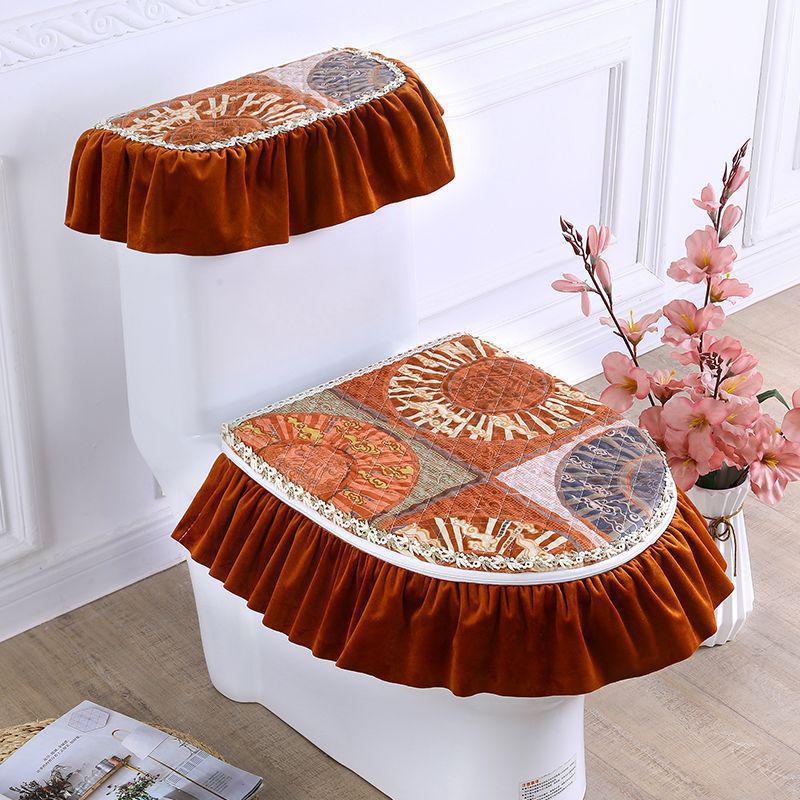 Universal European Style Double-Sided Toilet Seat Cover Set with Zippered Lace Fabric - All Seasons, Three-Piece Set.
