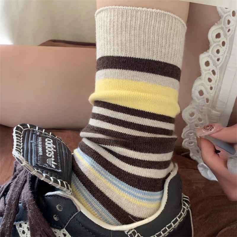 Women's Autumn and Winter Trend Personality Retro Collision Color Stripe Pure Cotton Tube Stack Socks