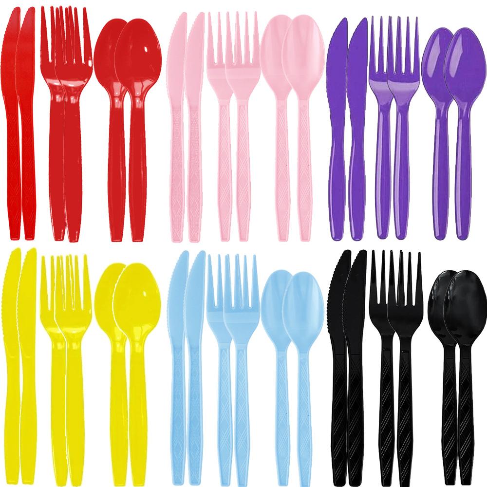 CICIMINI Solid Color Tableware Knives Forks and Spoons Red Pink Purple Black Green Yellow Wedding Birthday Disposable Tableware