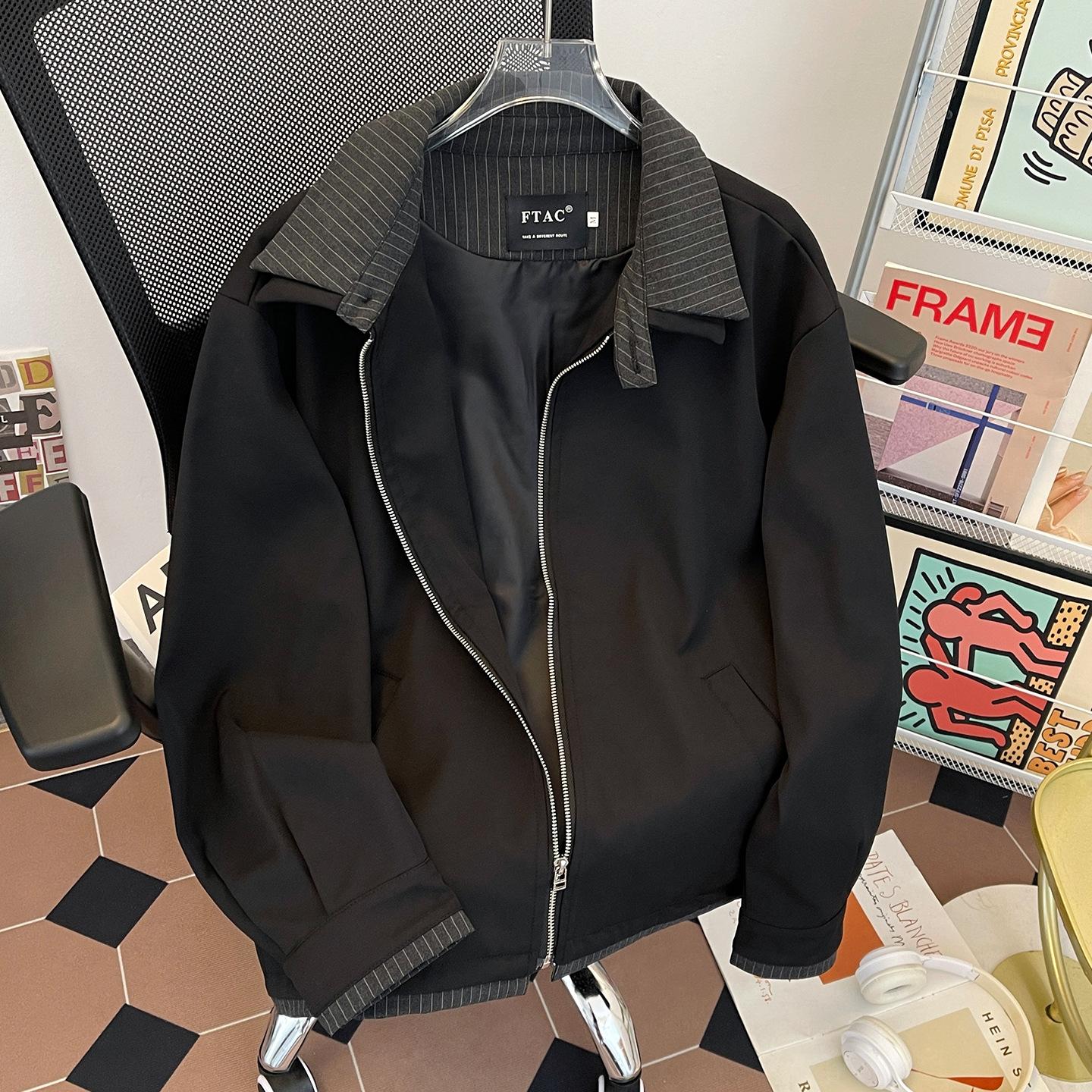 

Spring and autumn break two-piece splicing jacket men s casual trendy brand American sports locomotive early autumn windproof retro lapel jacket 2XL чёрный