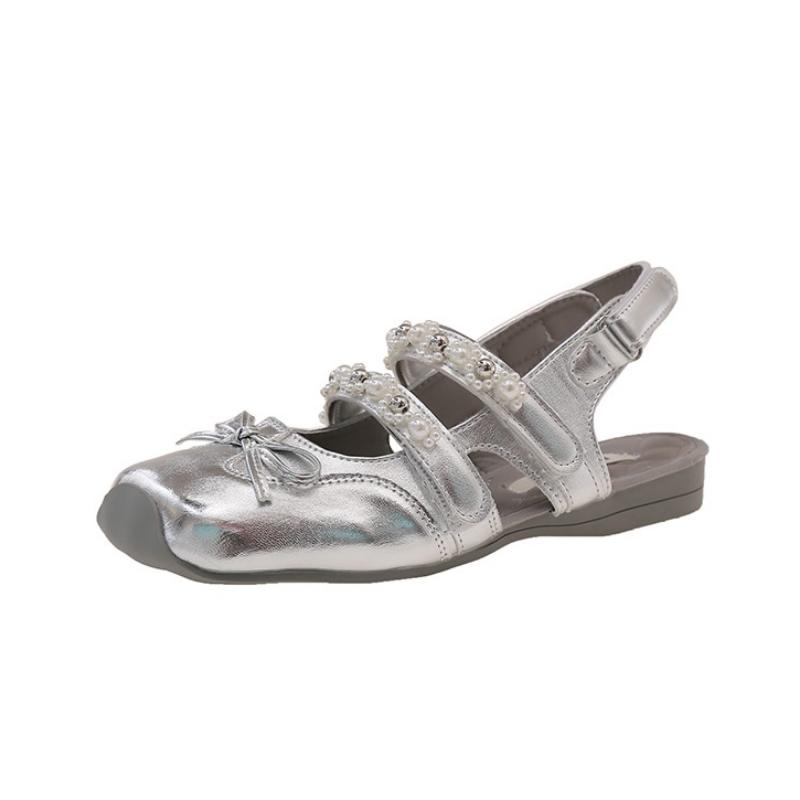 Fashion Bow Square Toe Flat Sandals Women Bead Mary Jane Shoes Woman Casual Summer 2025 Trend Shallow Dress Loafers Elegant Sandalias