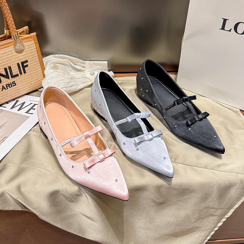 Not Tired Feet! Invisible Inner Height Increase Spring and Summer New Polka Dot Rhinestone Satin Mary Jane Pointed Single Shoes Women