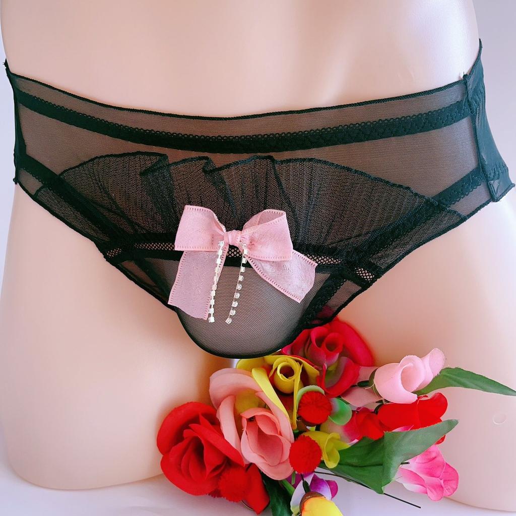 Women Panties For Men Japanese Sweet Bow Ruffle Edge Briefs Mesh See Through Sissy Lingerie Underwear Gay Lolita Male Nightwear