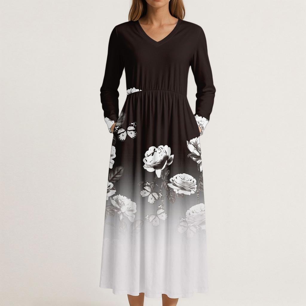 Dress For Women Long Boho Beach Dress Elegant Maxi Dress V-Neck Long Sleeve Dress With Pockets