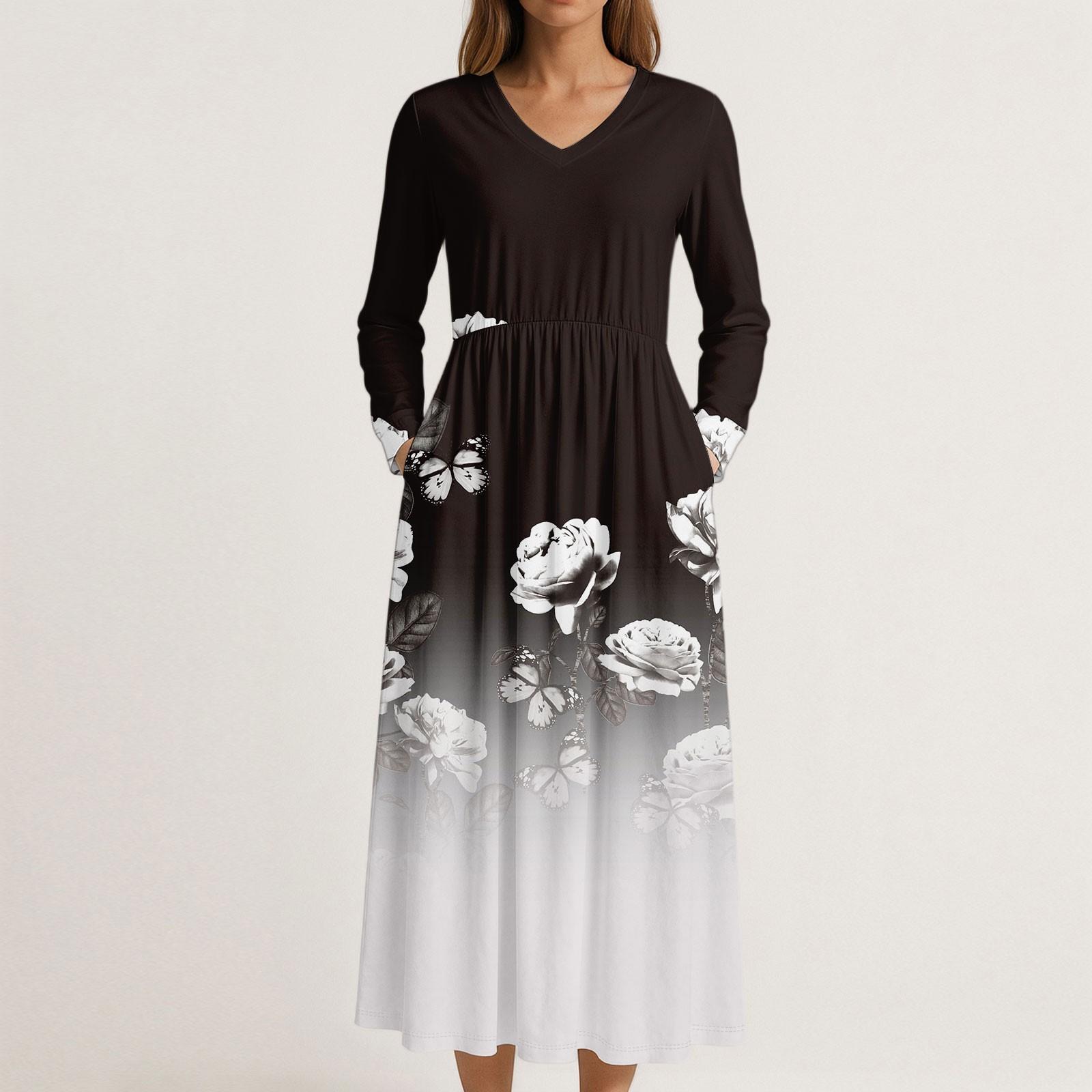 

Платье для женщин длинное бохо пляжное платье элегантное макси-платье V-образный вырез длинный рукав платье с карманами L