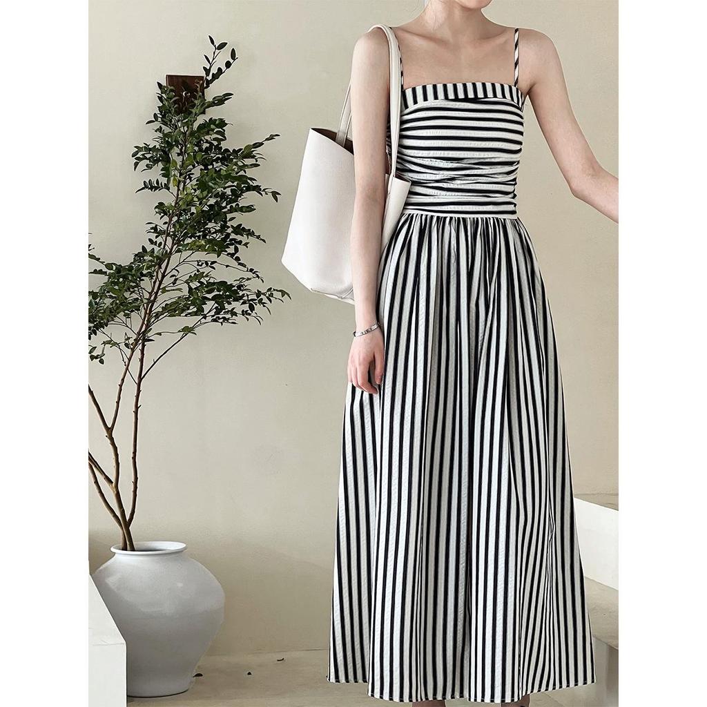 Luxi Women's High-Grade French Striped Off-Shoulder Tube Top Dress – A-Line Pleated Summer Long Skirt