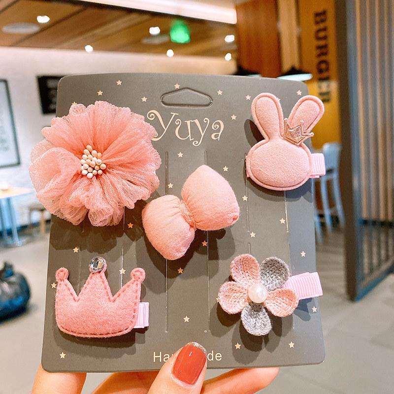 Pretty Hair Accessories for Baby Girls 5 PCS Mini Hair Clips Set Sweet Candy Color Bow Flower Fabric Side Clips