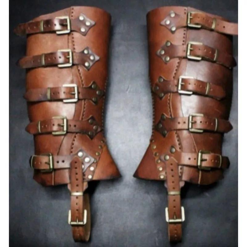 Medieval PU Leather Leg Guards Renaissance Warrior Boot Covers Equestrian Cosplay Gaiters