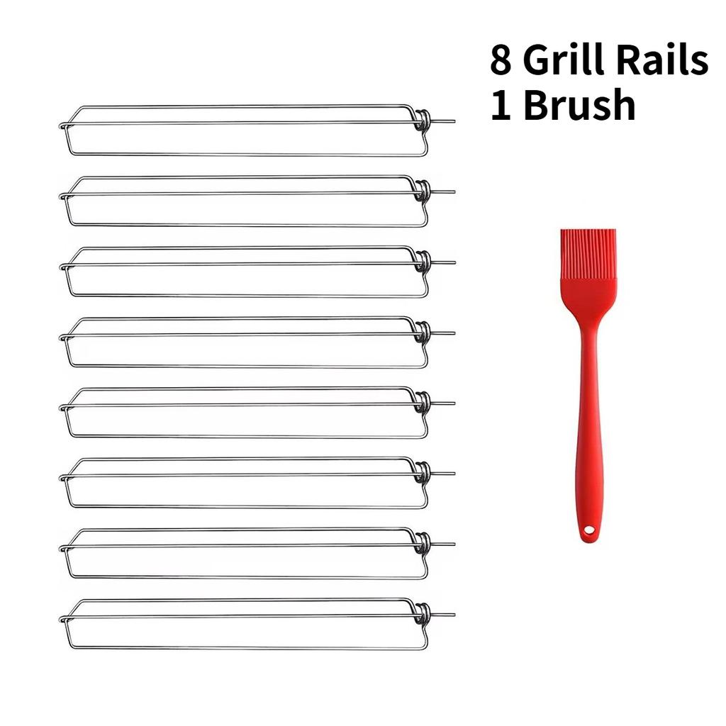 8 PCS Chicken Wing Grill Rails + Red Silicone Brush – Stainless Steel Clamping Set for Even Cooking, Outdoor Barbecue & Picnic