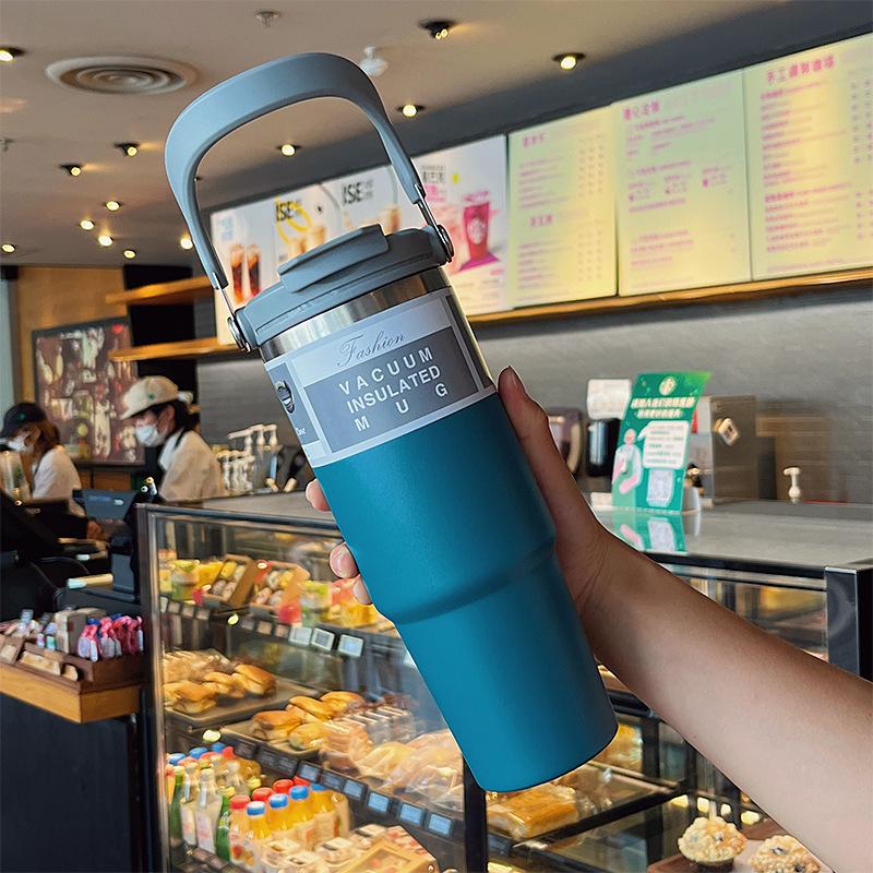30oz Stainless Steel Straw Insulated Ice Cup Large Capacity Vacuum Flask Car Thermal Mug Tumbler Portable Insulated Coffee Cup