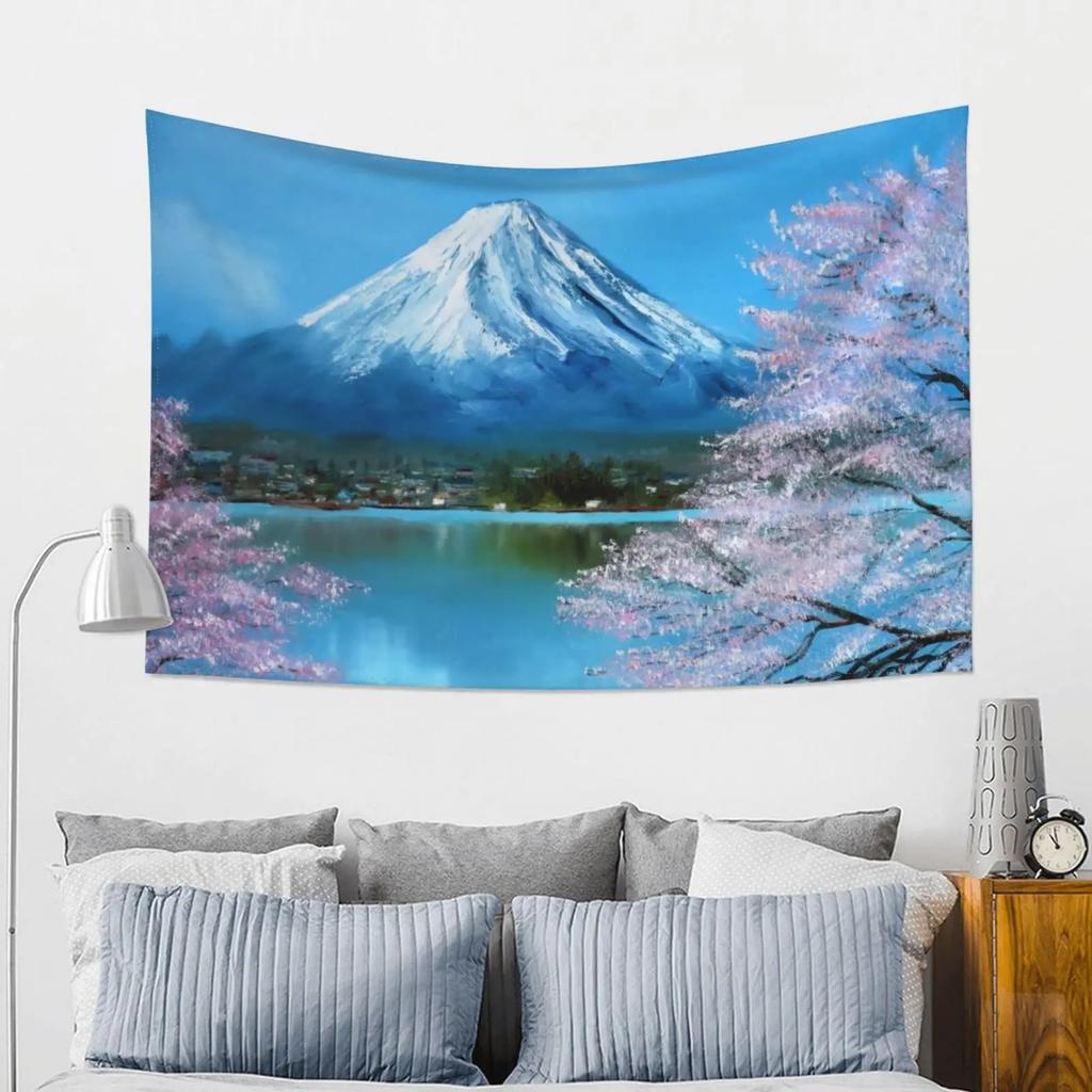 Japanese Pink Sakura Tapestry Cherry Blossoms Mountain Fuji Japan Wall Hangings Tapestry for Bedroom Living Room Dorm Home Decor