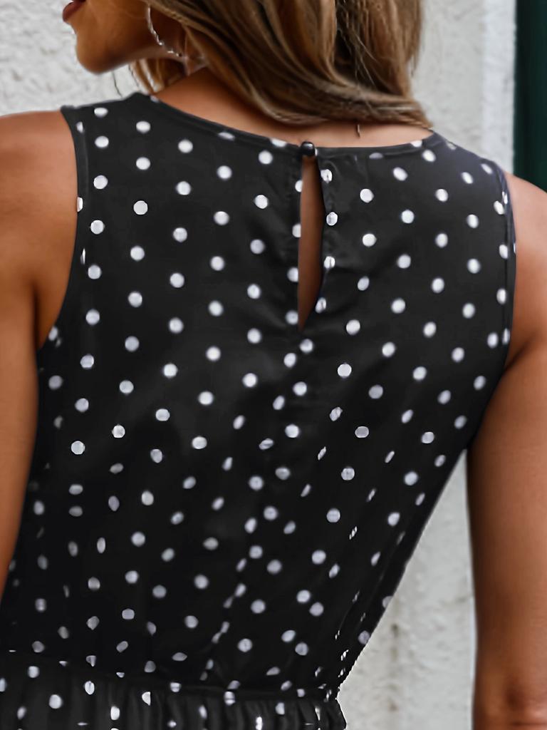 New Elegant Women's Polka Dot Sleeveless Long Dress Round Neck Layered Ruffle Flowing Long Dress High Waist Summer Vacation Casual Beach Dress