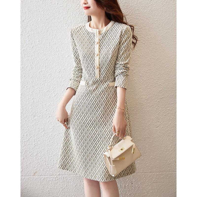 Demana Retro Plaid Round Neck Long Sleeve A-Line Midi Dress