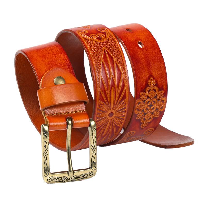 

3.8cm Designer Retro Flower Printing Belts Women High Quality Genuine Leather Strap Luxury Famous Brand Pin Buckle Belt 105CM