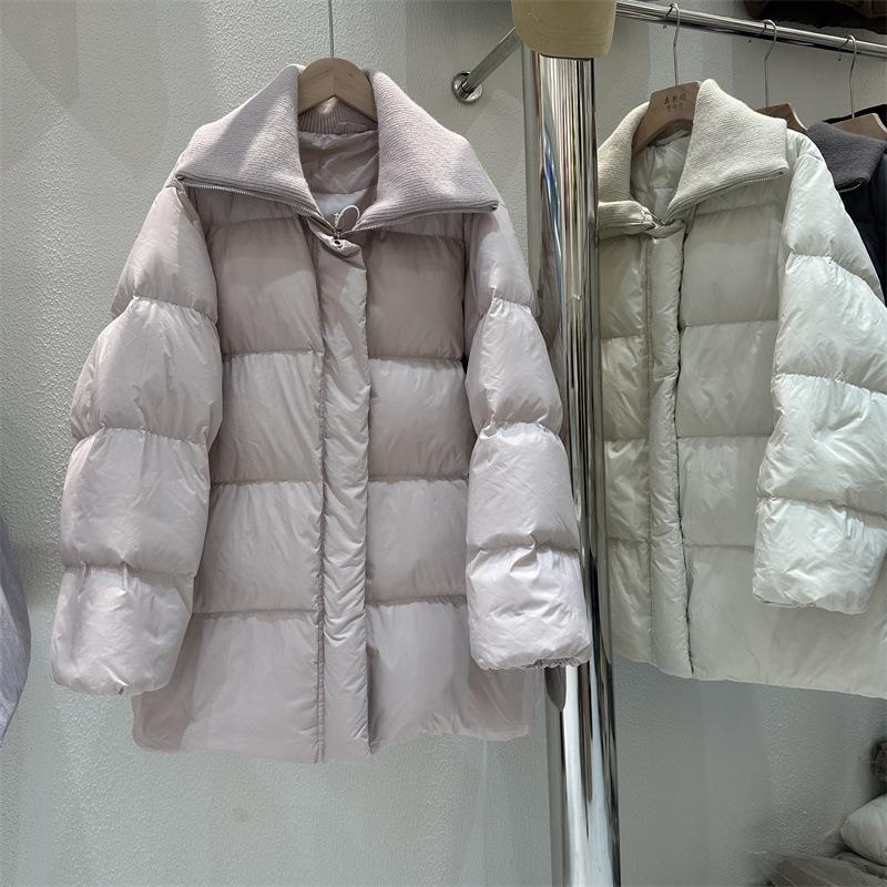Knitted Lapel Down Jacket Women's Winter New Loose Thickened White Duck Down Soft Waxy Bread Jacket