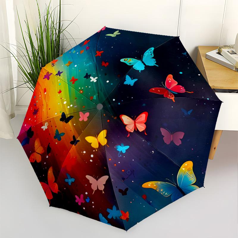 Colorful Butterfly Glass Portable Automatic Umbrella Sturdy 8-Rib Shaft Durable Plastic & Iron All-Season Travel Fashion Lovers Spiritual Gift