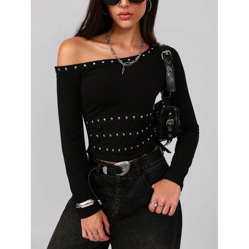 European and American Cross-Border Amazon 2026 New Style Spicy Girl One-Shoulder Collar Metal Webbing Studded Slim-Fit T-Shirt Black S
