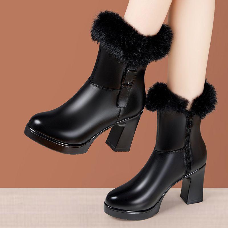 

8cm Small Size 33-43 New Flock Fur Shoes Winter Boots 2025 Women s Block High Heels Ankle Boots Short Plush for Office Mom 33