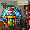 Stained Glass Style Holiday Decor Christmas Hanging Pendant, Acrylic Santa Claus Plants Ornaments with Lanyard Decorative for Xmas Tree Decoration,
