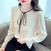Winter Fashion New 2024 Long Sleeve Lace Up Stand Collar Apricot Velvet Lace Blouse Shirt Women Tops Blouses Shirts J811