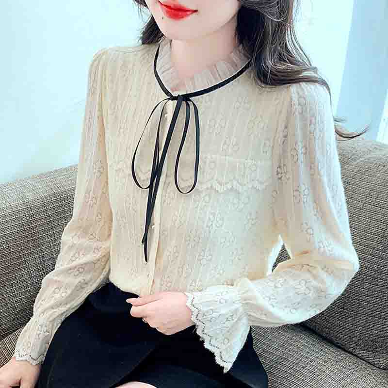 Winter Fashion New 2024 Long Sleeve Lace Up Stand Collar Apricot Velvet Lace Blouse Shirt Women Tops Blouses Shirts J811