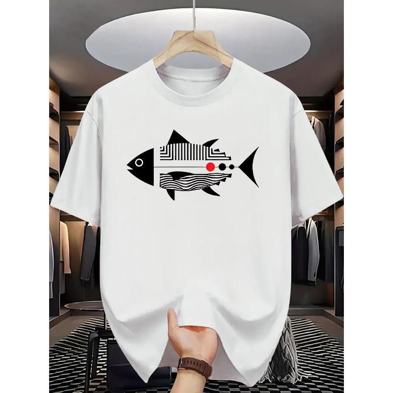 European sizes Men'S Casual Summer T-Shirt with Fish Print Design - Round Neck, Short Sleeve, Lightweight & Breathable, Casual Adult Clothing