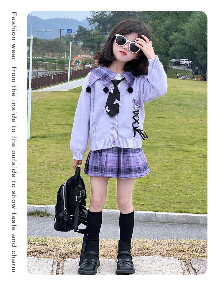 Kuromi School Style Girls' Cosplay Outfit: Sweater, Shirt, Plaid Skirt - Three-Piece Set for Spring/Autumn Performance.