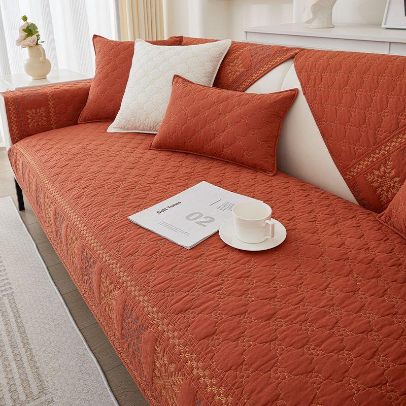 

Pure Cotton Embroidered Sofa Cushion All Year Round Neutral Non-Slip Fabric Cushion Minimalist Cotton Leather Sofa Cover Towel Full Covered FL cross snowflake-Orange 45*45cm pillow case