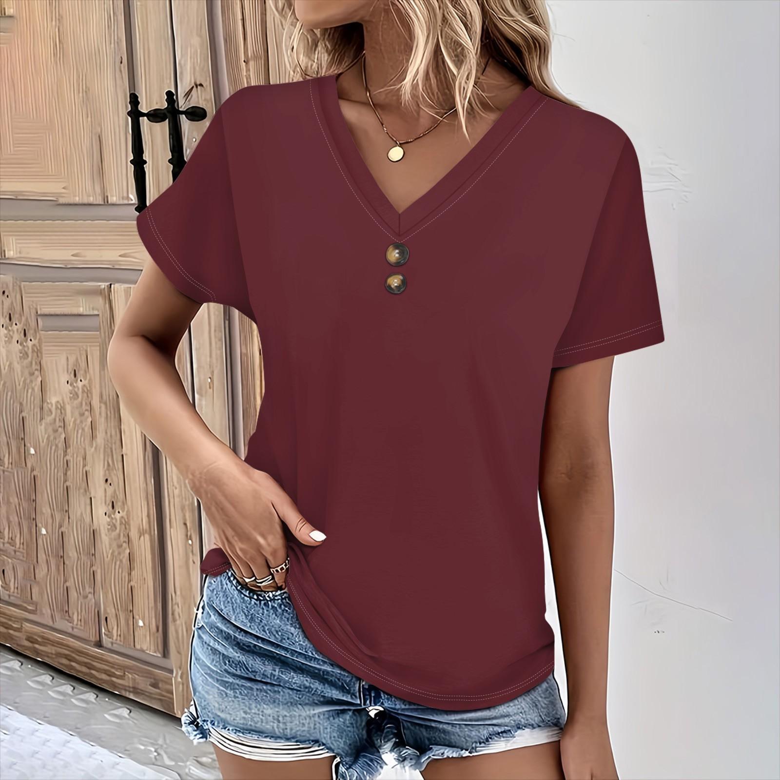 

Женская футболка свободного покроя с короткими рукавами, однотонная, с V-образным вырезом, застежкой на пуговицы спереди и короткими плечами XL винный